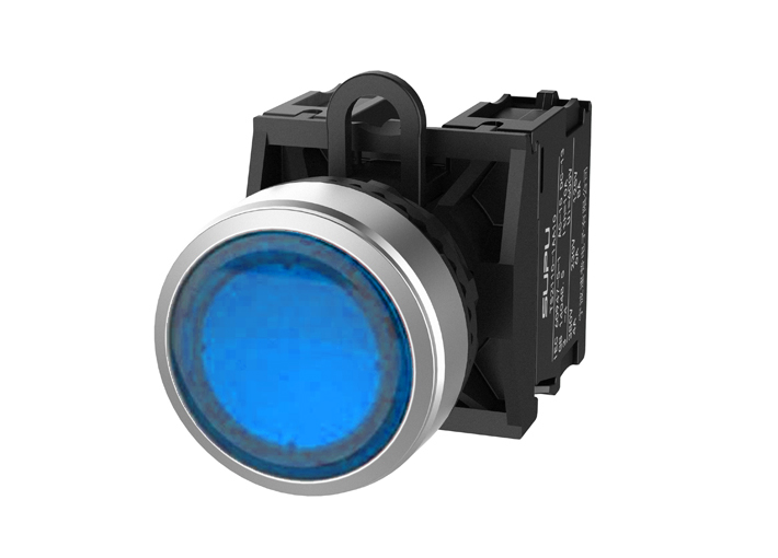 Кнопка плоская (синяя) TS2523-0CM40-R10 - Кнопка круглая плоская, без блокировки, LED AC/DC 24V, алюминиевое переднее кольцо, с плавным нажатием, с контактной группой 1NO, диаметр головки кнопки 29,5 мм, диаметр посадочного отверстия: 22 мм, цвет: синий