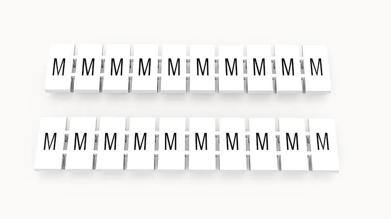 Марк.  полоска ZB6-10P-19-58Z(H) - Маркировочные шильдики для клемм WS…, DC…, PC…, сечением 4 мм кв., центральная, 10 шильдиков нанесенные символы: M (повтор на всех шильдиках),с вертикальнымрасположением, размер шильдика: 5,55х10,7 мм, цвет белый
