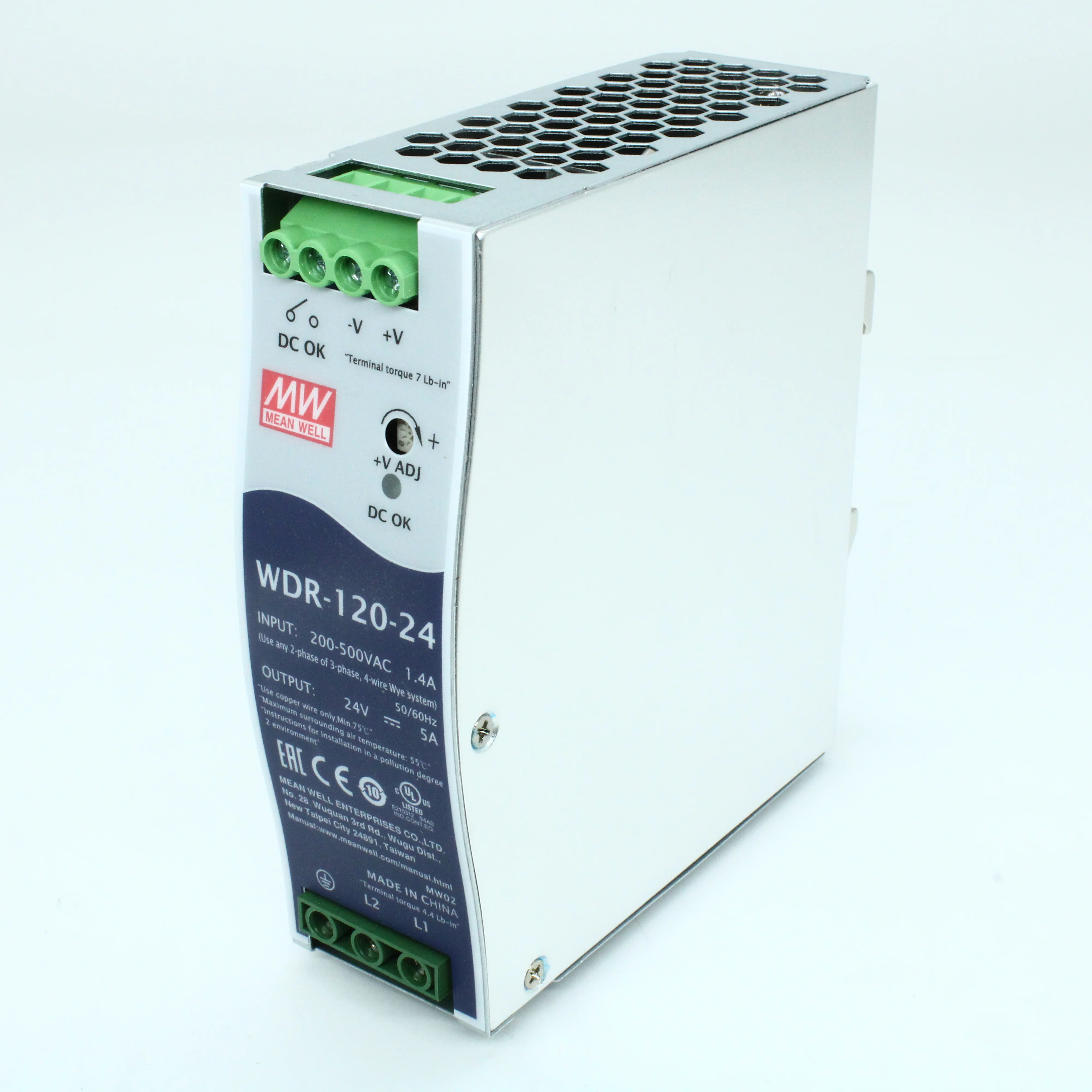 WDR-120-24 - Преобразователь AC-DC на DIN-рейку  120Вт, выход 24В/0…5A, рег. вых=24…29В, вход 180…550V AC, 47…63Гц /254…780V DC, изоляция 3000В AC, в кожухе  40х125.2х113,5мм, -25…+70°С