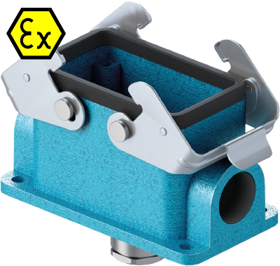 Закрытое основание разъема EX 70.337.1036.0 - Основание разъема на панель, закрытое, типоразмер 10B, взрывозащищита, с уплотнителем, 1 кабельный ввод M25x1,5, IP54, с нижним расположением, с двумя защелками, без защитной крышки, материал корпуса: цинковый