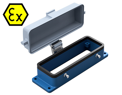 Открытое основание разъема EX 70.325.2428.9 - Основание разъема на панель, открытое, типоразмер 24B, взрывозащищита, с уплотнителем, без защелок (упоры для двух защелок), с защитной крышкой, материал корпуса: цинковый сплав