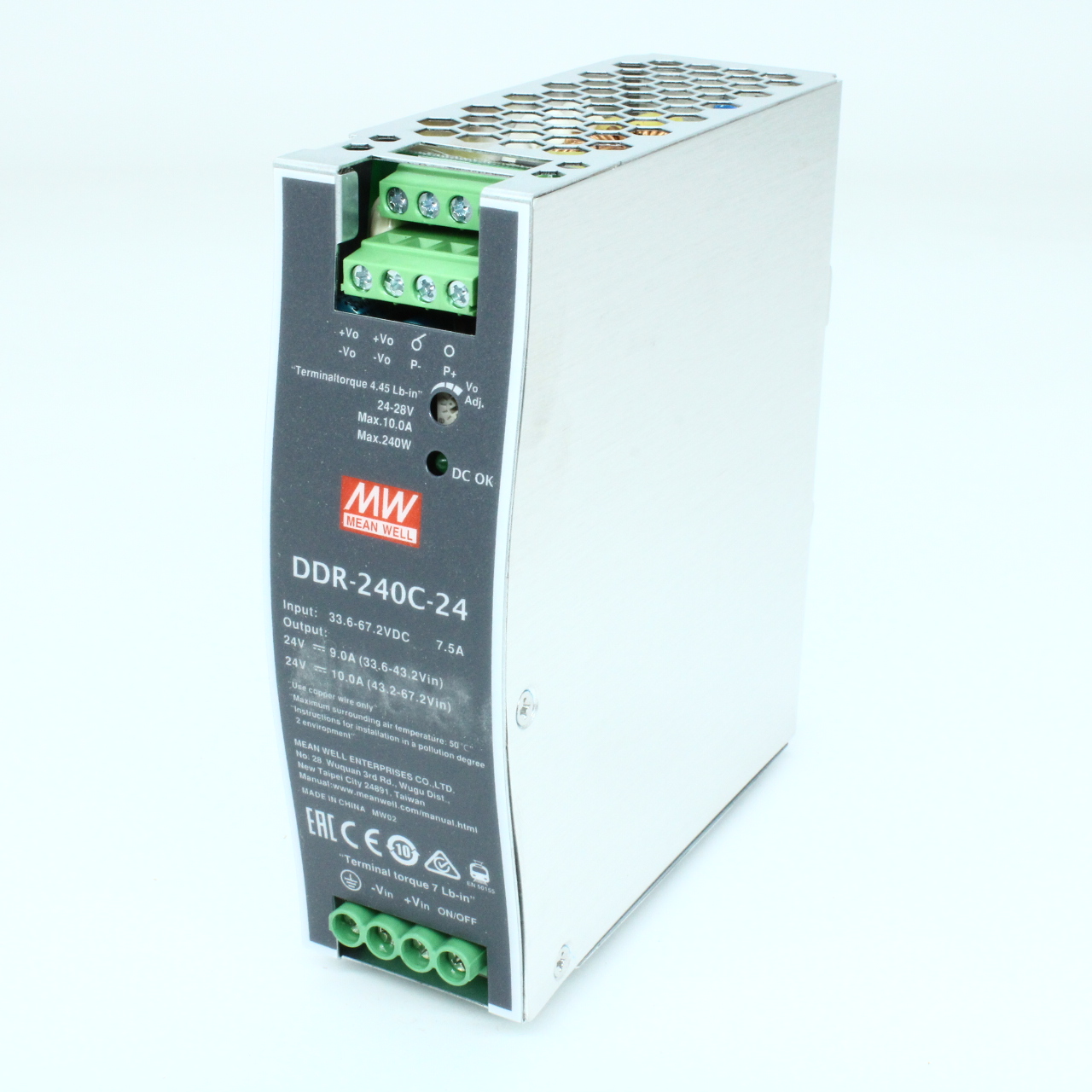 DDR-240C-24 - DC-DC, 240Вт, вход 33.6…67.2 В DC, выход 24В/10А, изоляция 4000В DC, в кожухе на DIN-рейку, 40х125.2х113.5мм, -40...+70°С