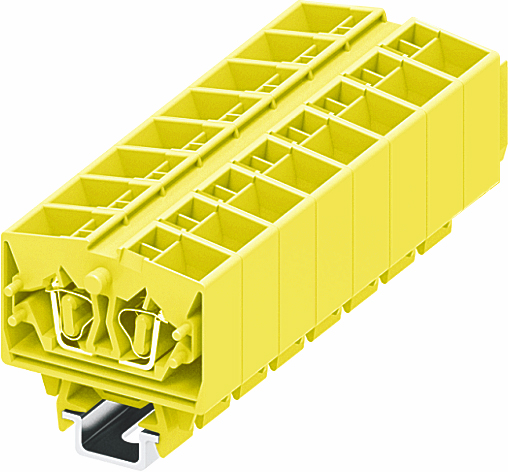 Клемма мини 254395 - Мини клемма, верхний подвод кабеля, 4 точки подключения в клемме, тип фиксации провода: пружинный, номинальное сечение: 2,5 мм кв., 24A, 800V, цвет: желтый, тип монтажа: DIN15