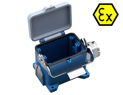 Закрытое основание разъема EX 70.344.4836.4 - Основание разъема на панель, закрытое, типоразмер 48B, взрывозащищита, с уплотнителем, 1 кабельный ввод M40x1,5, IP54, с левым расположением, с одной защелкой, с защитной крышкой, материал корпуса: цинковый сп