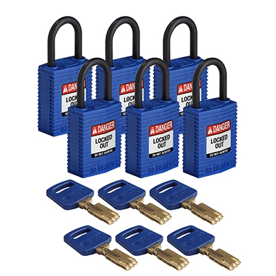 gws150210 - Замки SafeKey нейлоновые компактные, нейлоновая дужка, высота дужки – 25 мм, диаметр дужки – 4.3 мм, нейлоновый корпус, размеры корпуса – 43х32х19 мм, цвет – синий, 6 шт/упак