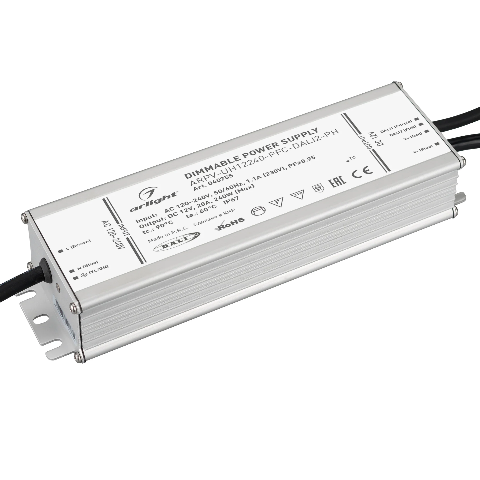 Блок питания ARPV-UH12240-PFC-DALI2-PH (12V, 20A, 240W) 040755 - Диммируемый источник напряжения по протоколу DALI2.0 с гальванической развязкой для светодиодных изделий. Входное напряжение 120-240 VAC. Выходные параметры: 12 В, 20 А, 240 Вт. Встроенный P