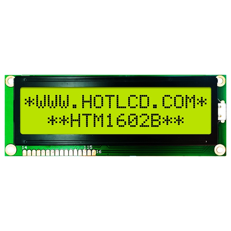 HTM1602B-01Y-T5P 12H - ЖКИ знакосинтезирующий 16 x 2, STN Желто-зеленый Позитивный/прозрачно-отражающий светодиодная подсветка желто-зеленая размеры 122х44, видимая область 99х24, питание 5В, -20...70°C, 12 o`clock, 16 контактов снизу