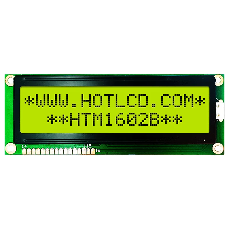 HTM1602B-01Y-T5P 6H - ЖКИ знакосинтезирующий 16 x 2, STN Желто-зеленый Позитивный/прозрачно-отражающий светодиодная подсветка желто-зеленая размеры 122х44, видимая область 99х24, питание 5В, -20...70°C, 6 o`clock, 16 контактов снизу