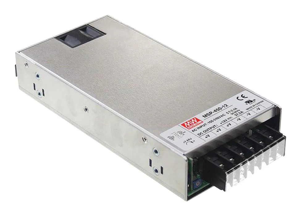 MSP-450-36 - AC-DC, med, ККМ, 450Вт, вход 85…264В AC, 47…63Гц /120…370В DC, выход 36В/12.5A,  рег. вых 28.8…39.6В, изоляция 4000В AC, в кожухе 218х105х41мм, -40…+70°С, доп. выход 5В/0.3А
