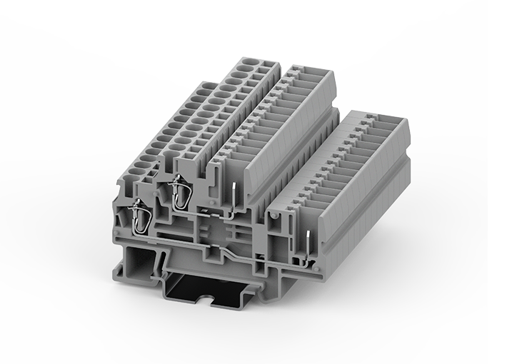 Этажная клемма TCD2.5-2-1-GY - Этажная клемма для подключения разъема, тип фиксации провода: пружинный, номинальное сечение: 2,5 мм кв., 32A, 500V, ширина: 5,2 мм, цвет: серый, тип монтажа: DIN 35