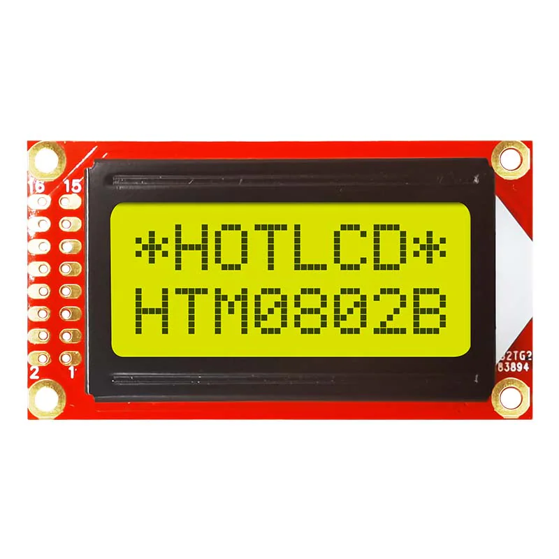HTM0802B-11Y-T5P-V03 - ЖКИ знакосинтезирующий 8 x 2, STN Серый Позитивный/прозрачно-отражающий светодиодная подсветка желто-зеленая размер 58x32 мм, видимая область 38х16 мм, питание 5В, -20...70°C, 6 o`clock, 16 контактов 2 ряда слева