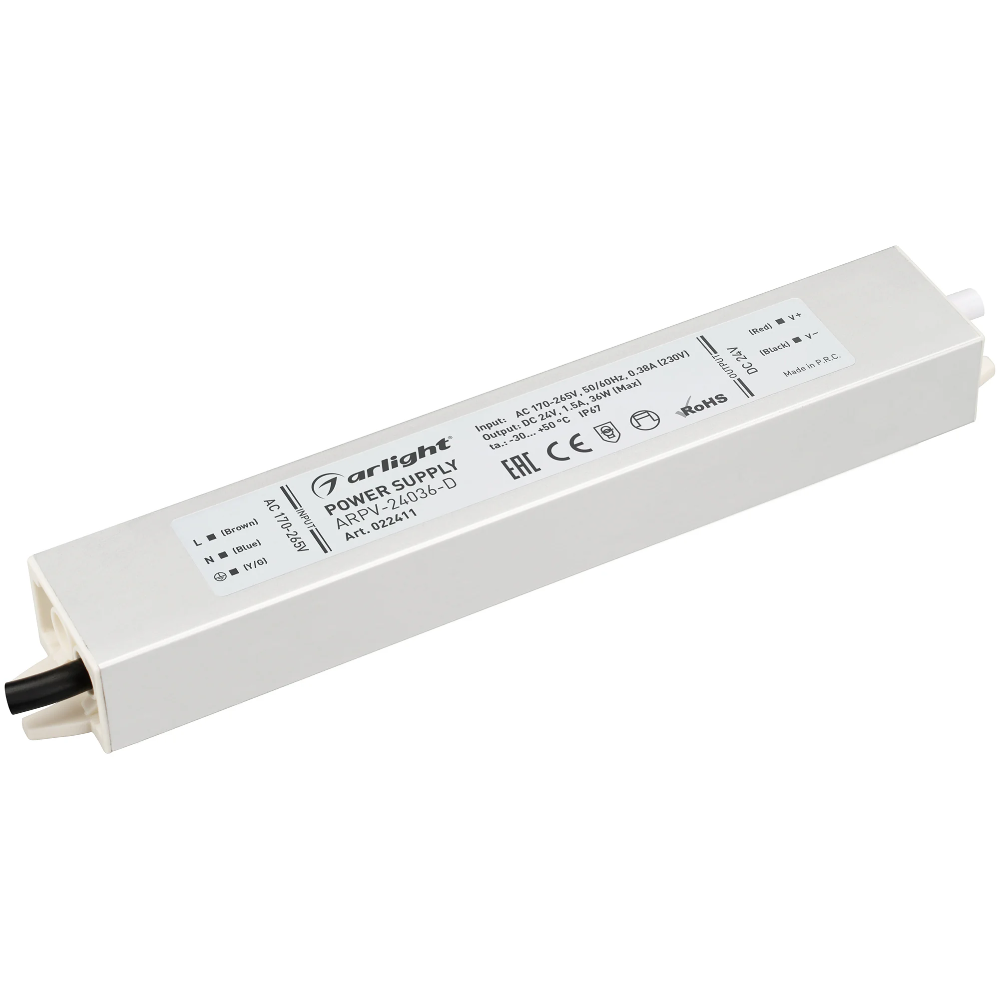 Блок питания ARPV-24036-D (24V, 1.5A, 36W) 022411 - Источник напряжения с гальванической развязкой для светодиодных изделий. Входное напряжение 170-265 VAC. Выходные параметры: 24 В, 1,5 А, 36 Вт. Встроенный PFC >0,5. Герметичный алюминиевый корпус IP 67.