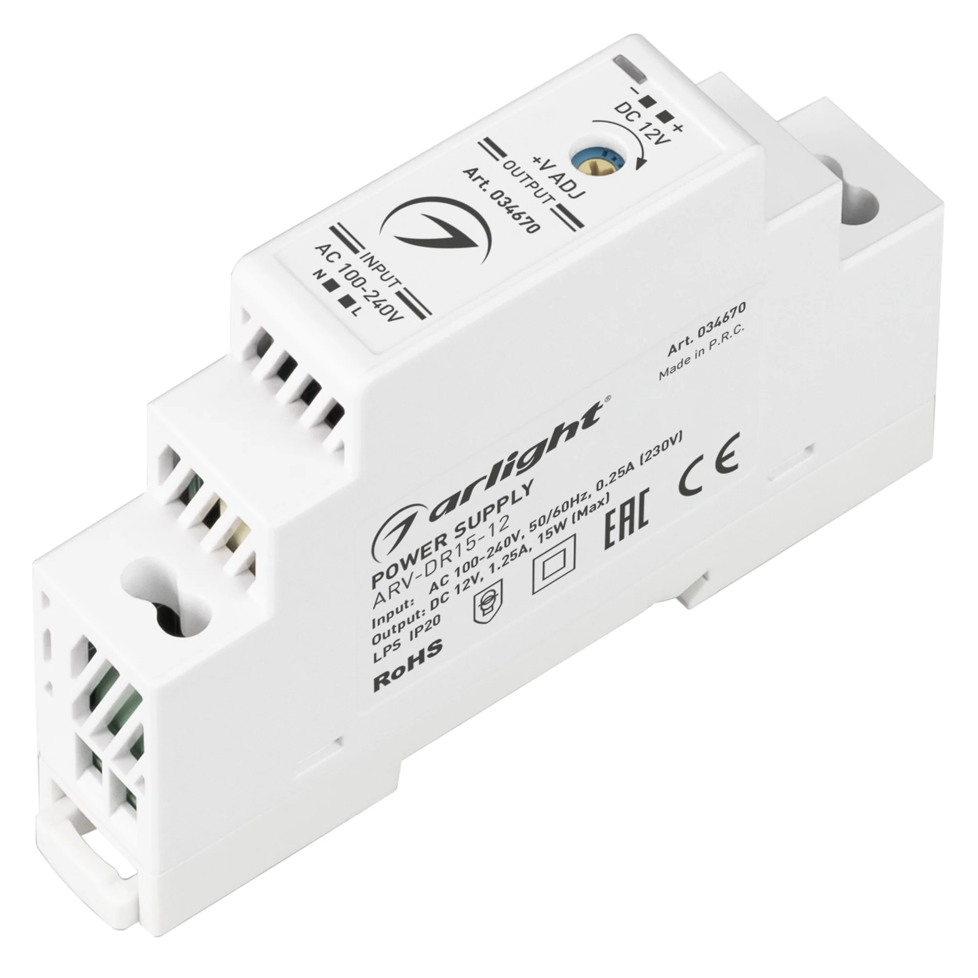 Блок питания ARV-DR15-12 (12V, 1.25A, 15W) 034670 - Источник напряжения с гальванической развязкой для светодиодных изделий. Входное напряжение 100-240 VAC. Выходные параметры: 12 В, 1.25 А, 15 Вт. Негерметичный пластиковый корпус IP 20 для установки на D