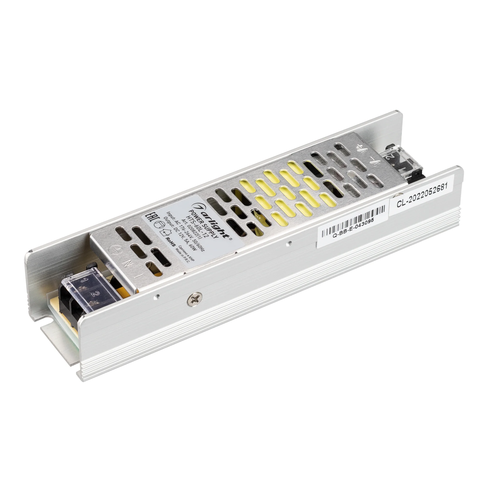 Блок питания HTS-60L-12 (12V, 5A, 60W) 020822(1) - Источник напряжения с гальванической развязкой для светодиодных изделий. Входное напряжение 176-264 VAC. Выходные параметры: 12 В, 5 А, 60 Вт. Встроенный PFC >0,5. Негерметичный алюминиевый сетчатый корпу