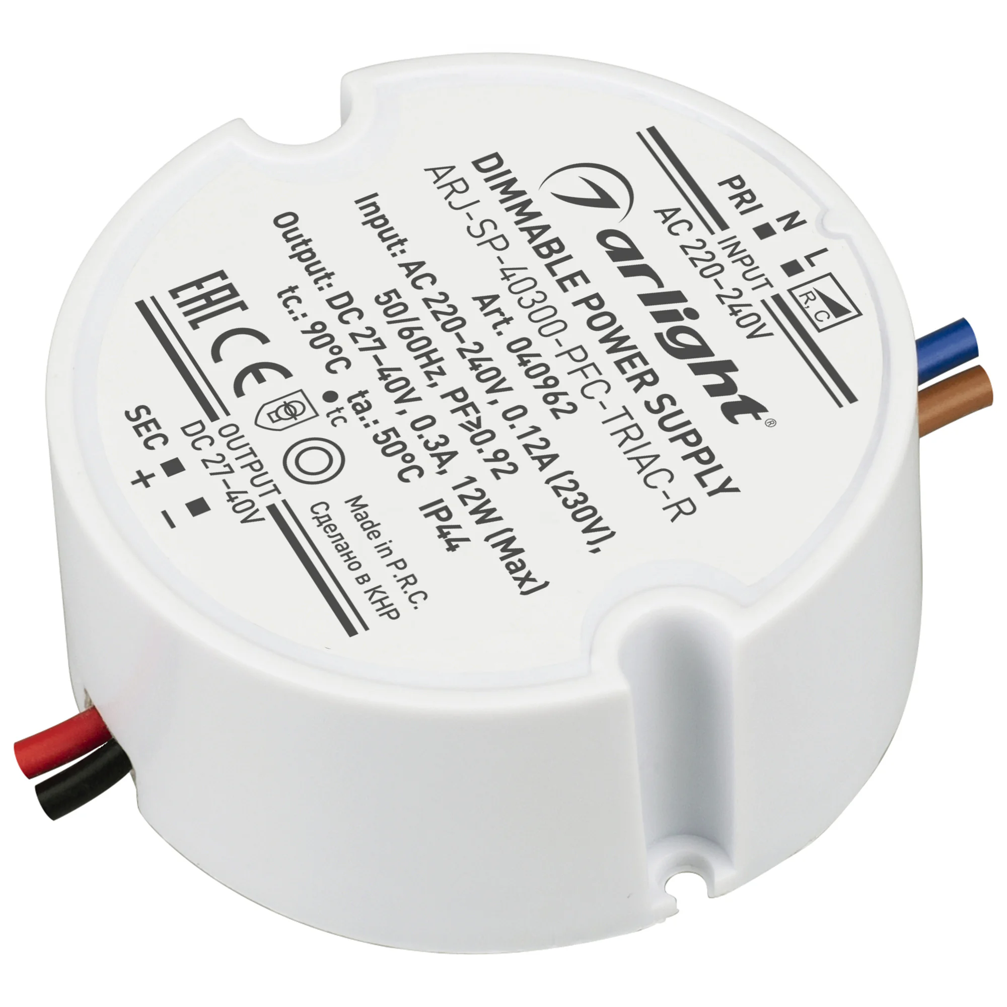 Блок питания ARJ-SP-40300-PFC-TRIAC-R (12W, 27-40V, 300mA) 040962 - Диммируемый источник тока по стандарту TRIAC с гальванической развязкой для светильников и мощных светодиодов. Входное напряжение 220-240 VAC. Выходные параметры: 30-40 В, 300 mА, 12 Вт. 