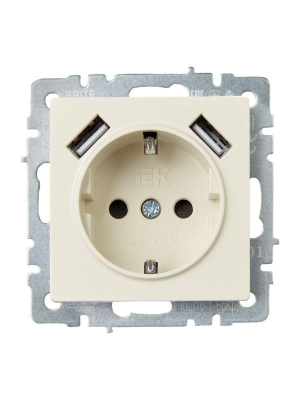 Розетка BRITE РЮш10-1-БрКр 16А с USB A+A 2.1А с заземл. защ. шторки беж. BR-R14-16-U21-D21-K10