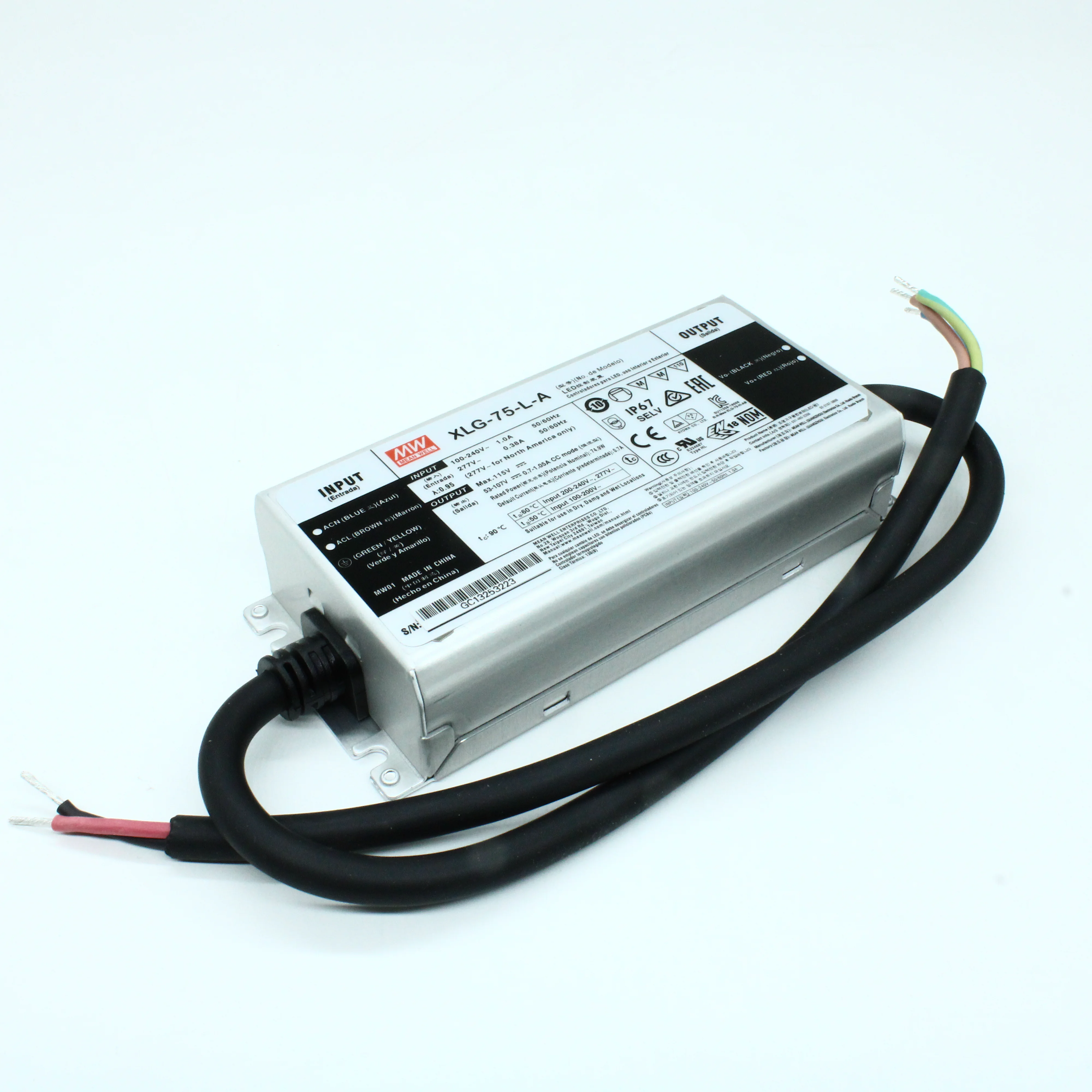 XLG-75-L-A - AC-DC, 75Вт, стабилизатор тока, IP67, вход 100…305В AC, 47…63Гц, ККМ, выход 700…1050мА/53…107В (режим пост. мощности), изоляция 3750В AC, в кожухе 140х63х32мм, -40…+90°С (корпус), встр. потенциометр