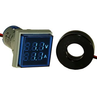 DMS-204 - Цифровой LED вольт-амперметр AC 60-500В/0-100А, AD16-22FVA, синий, установка на панель в отв d=22мм