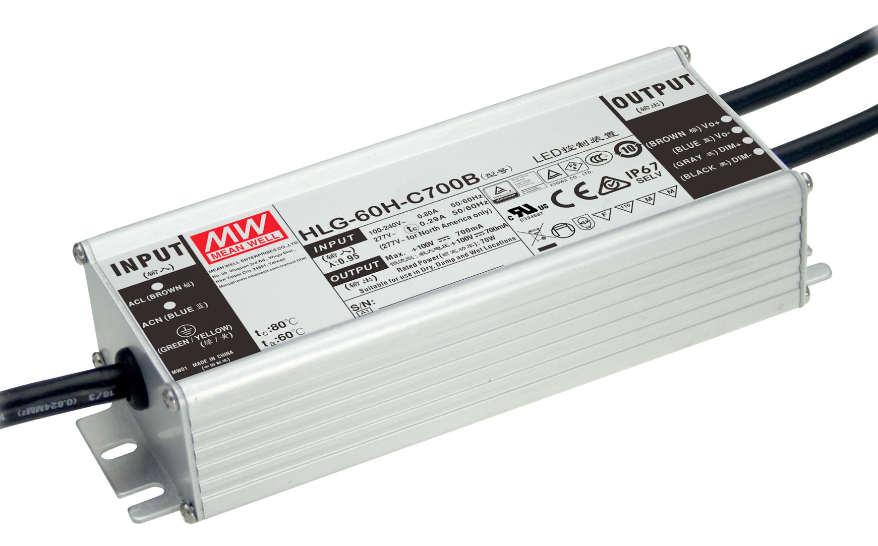 HLG-60H-36B - Источник электропитания светодиодов класс IP67 61,2Вт 36В/1,7A стабилизация тока и напряжения димминг