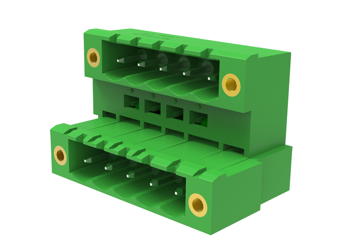 Вилочный разъем на плату MC-DPAB5.08H16-F-0001 - Вилочный разъем, горизонтальный, 2 этажа, на плату, шаг: 5.08 мм, 16x2 полюсов, фиксация на плате пайкой, исполнение: с монтажными фланцами, 160V, 8A, цвет: зеленый