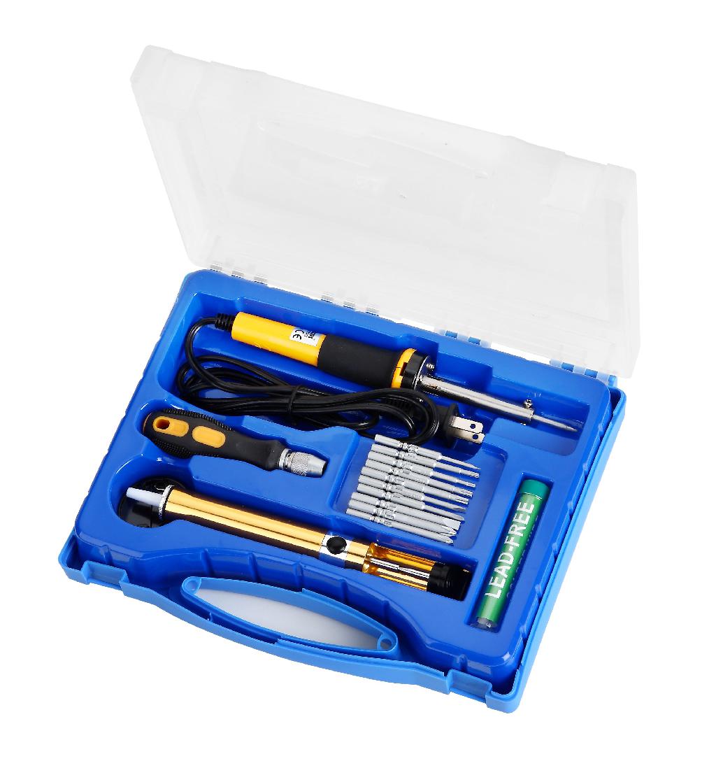 ZD-921A - Набор инструмента: паяльник 220В/30Вт, отвертка со сменными битами, олово, оловоотсос, пластиковый кейс