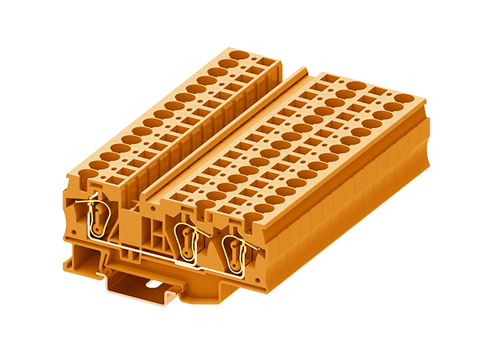 Проходная клемма TC6-3-OG - Проходная клемма, 3 точки подключения, тип фиксации провода: пружинный, номинальное сечение: 6 мм кв., 41A, 1000V, ширина: 8,2 мм, цвет: оранжевый, тип монтажа: DIN 35