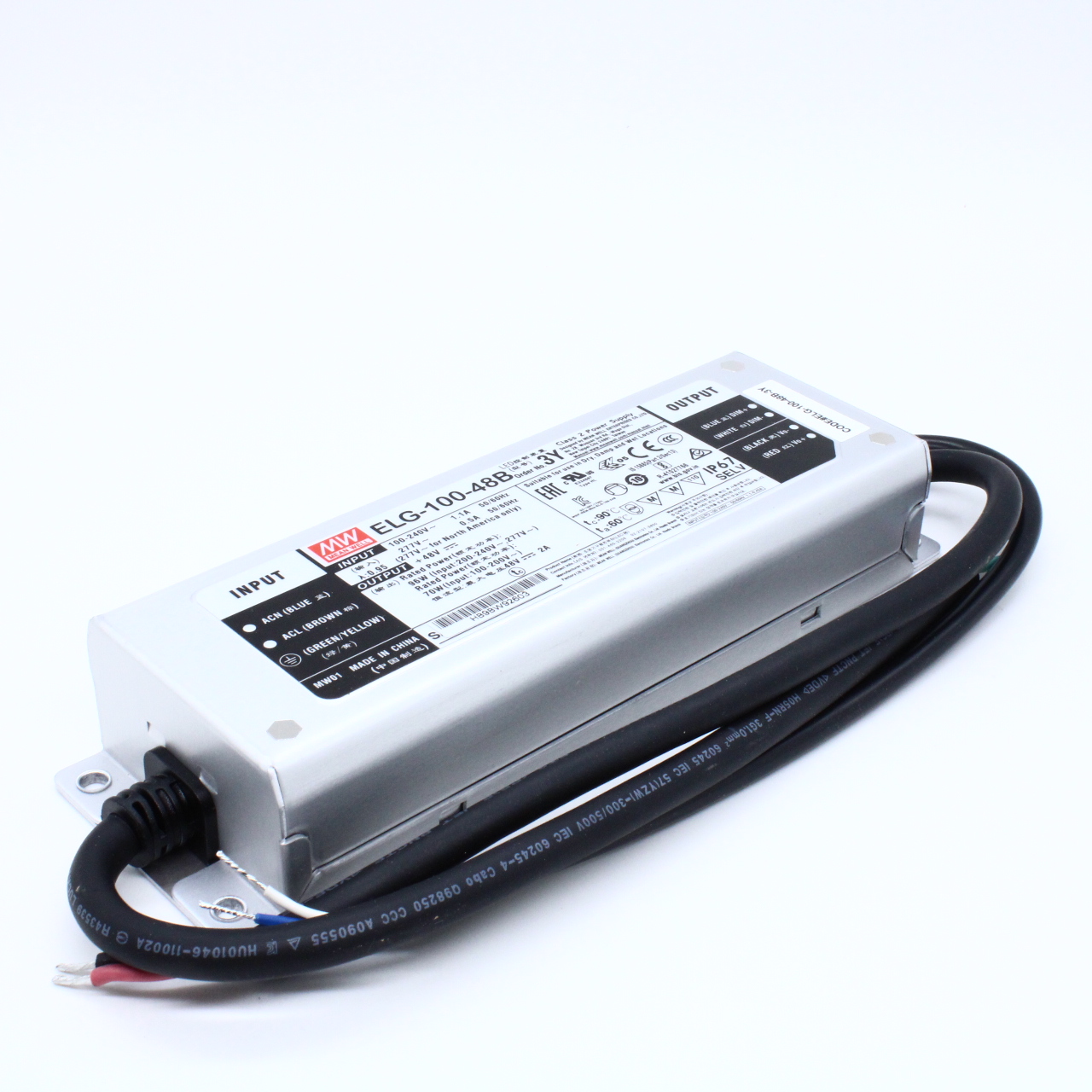 ELG-100-48B-3Y - AC-DC, 96Вт, IP67, вход 100…305В AC, 47…63Гц/142…431В DC, ККМ, выход 24...48В/2А, изоляция 3750В AC, в кожухе 199х63х35,5мм, -40…+70°С, димминг 3 в 1, с проводом заземления