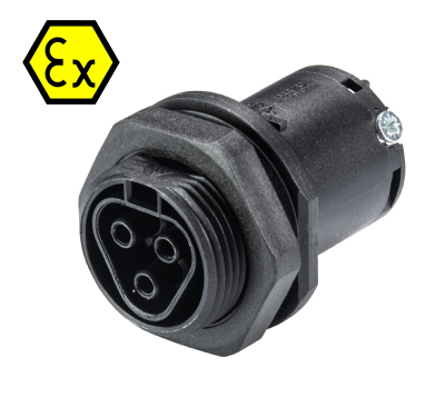 Разъём RST20I3SXB1 M01 SW - Взрывозащищенный розеточный разъем в панель, М25, IP68(69k), 3 полюса, винтовая фиксация провода, номинальные характеристики: 250/400V, 20A, цвет: черный, серия RST Ex