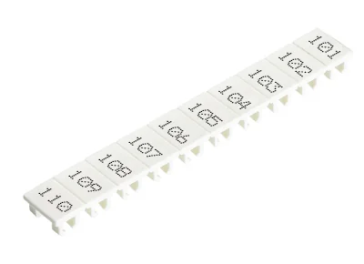Шильдик 9705A/5/10 B  101-110 - Маркировка для клемм сечением 2,5 мм.кв., шириной 5 мм, 10 шильдиков, белая, нанесенные знаки: 101 – 110