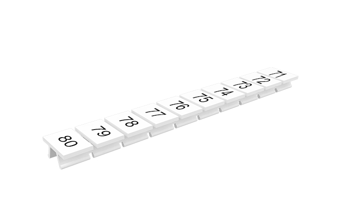 Маркировка 306801/71...80V - Маркировочные шильдики для клемм TU/TP/TC, сечением 4 мм кв., 10 шильдиков, нанесенные символы: 71…80, с вертикальным расположением, цвет белый