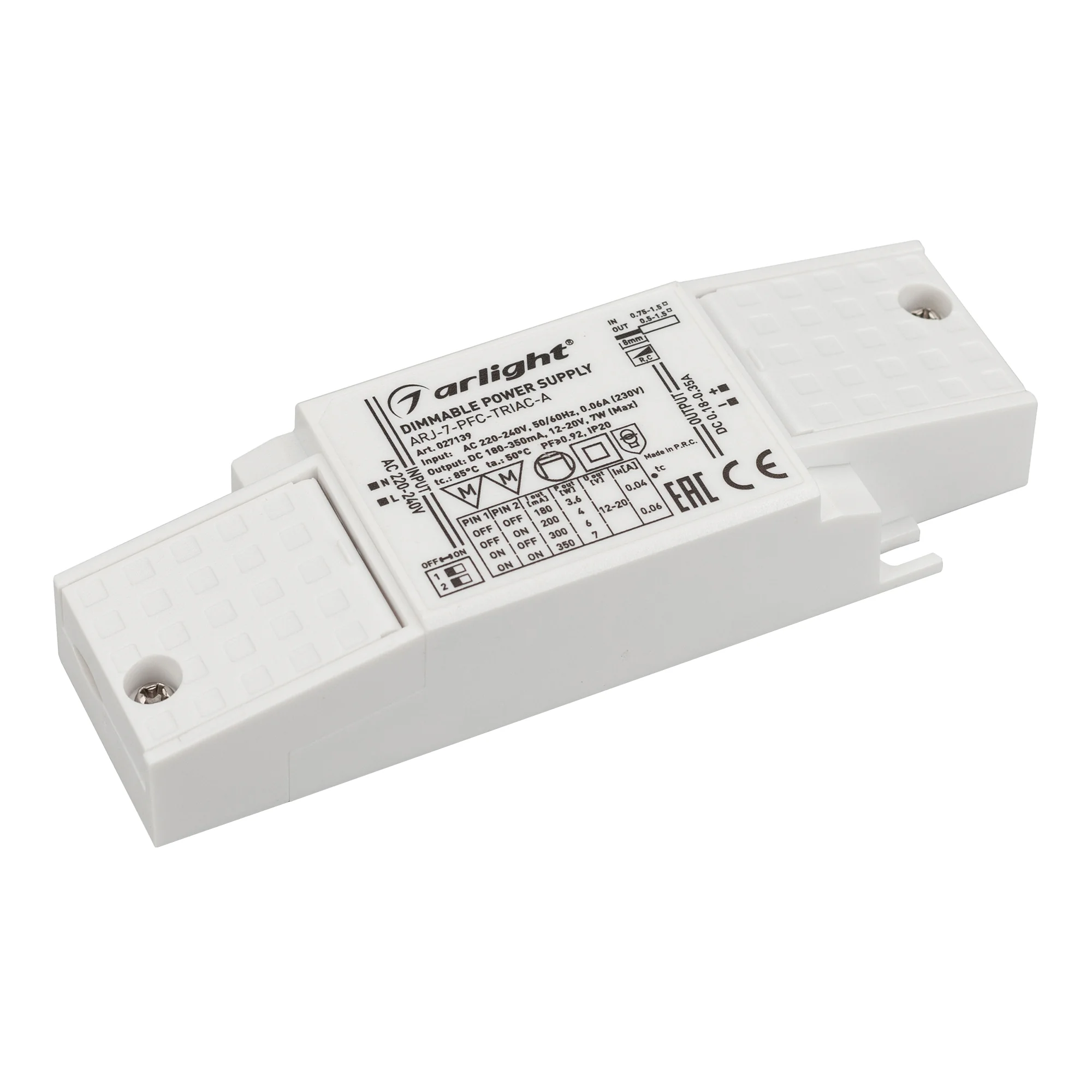 Блок питания ARJ-7-PFC-TRIAC-A (7W, 350-500mA) 028188 - Диммируемый источник тока по стандарту TRIAC с гальванической развязкой для светильников и мощных светодиодов. Входное напряжение 220-240 VAC. Выходные параметры: 7-13 В, 350-500 mА, 6.5 Вт. Выбор зн
