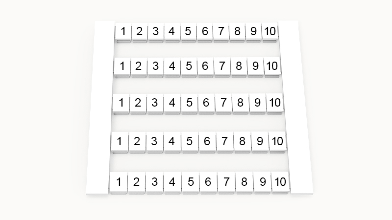 Марк. кассета DEK6-50P-19-01Z(H) - Кассета с шильдиками для клемм WS…, сечением 4 мм кв., боковая, 50 шильдиков, нанесенные символы: 1-10, 5 полосок, с вертикальным расположением, размер шильдика: 5,8х5,5 мм, цвет белый