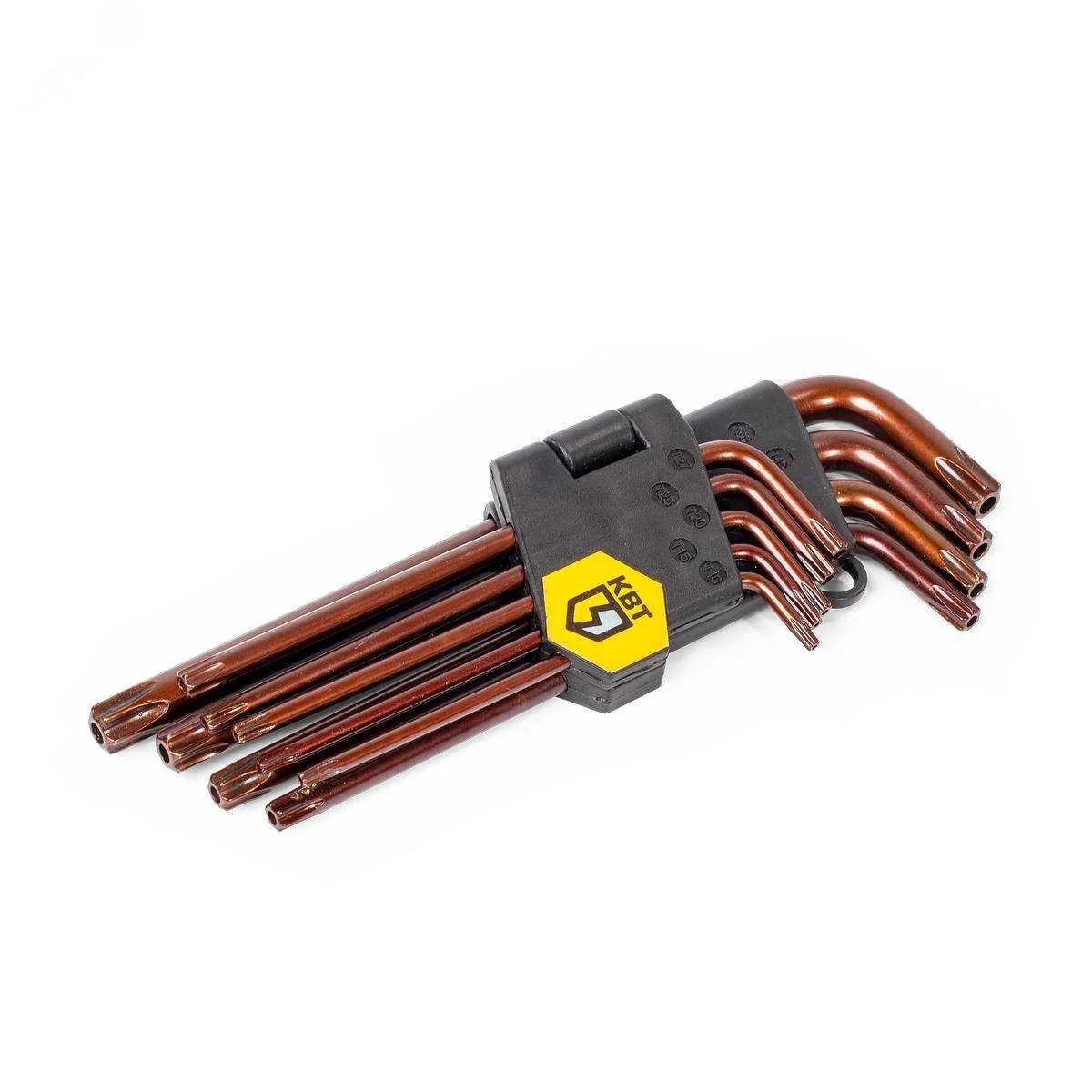 Набор ключей TORX КТ-9-S (Т10-Т50) серия KBT-PROFESSIONAL - предназначен для монтажа крепежных изделий с внутренним профилем TORX, в том числе и в антивандальном исполнении, в наборе 9 ключей с типоразмерами Т10/T15/T20/T25/T27/T30/T40/T45/T50, материал с