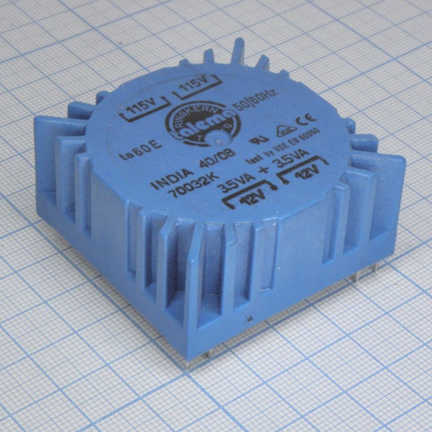 70032K - Тороидальный трансформатор 7ВА 2x115В 2x12В 292мА RKPT7212, для печатного монтажа