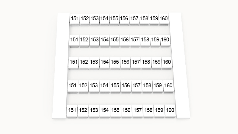Марк. кассета DEK6-50P-19-117Z(H) - Кассета с шильдиками для клемм WS…, сечением 4 мм кв., боковая, 50 шильдиков, нанесенные символы: 151-160, 5 полосок, с вертикальным расположением, размер шильдика: 5,8х5,5 мм, цвет белый