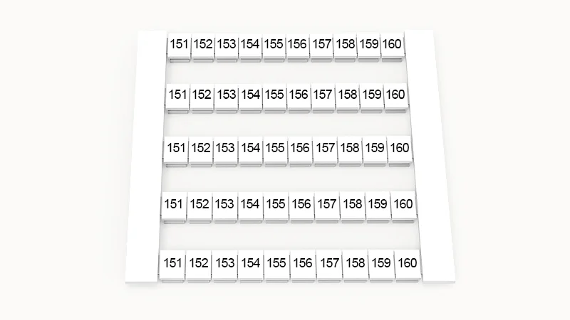 Марк. кассета DEK6-50P-19-117Z(H) - Кассета с шильдиками для клемм WS…, сечением 4 мм кв., боковая, 50 шильдиков, нанесенные символы: 151-160, 5 полосок, с вертикальным расположением, размер шильдика: 5,8х5,5 мм, цвет белый