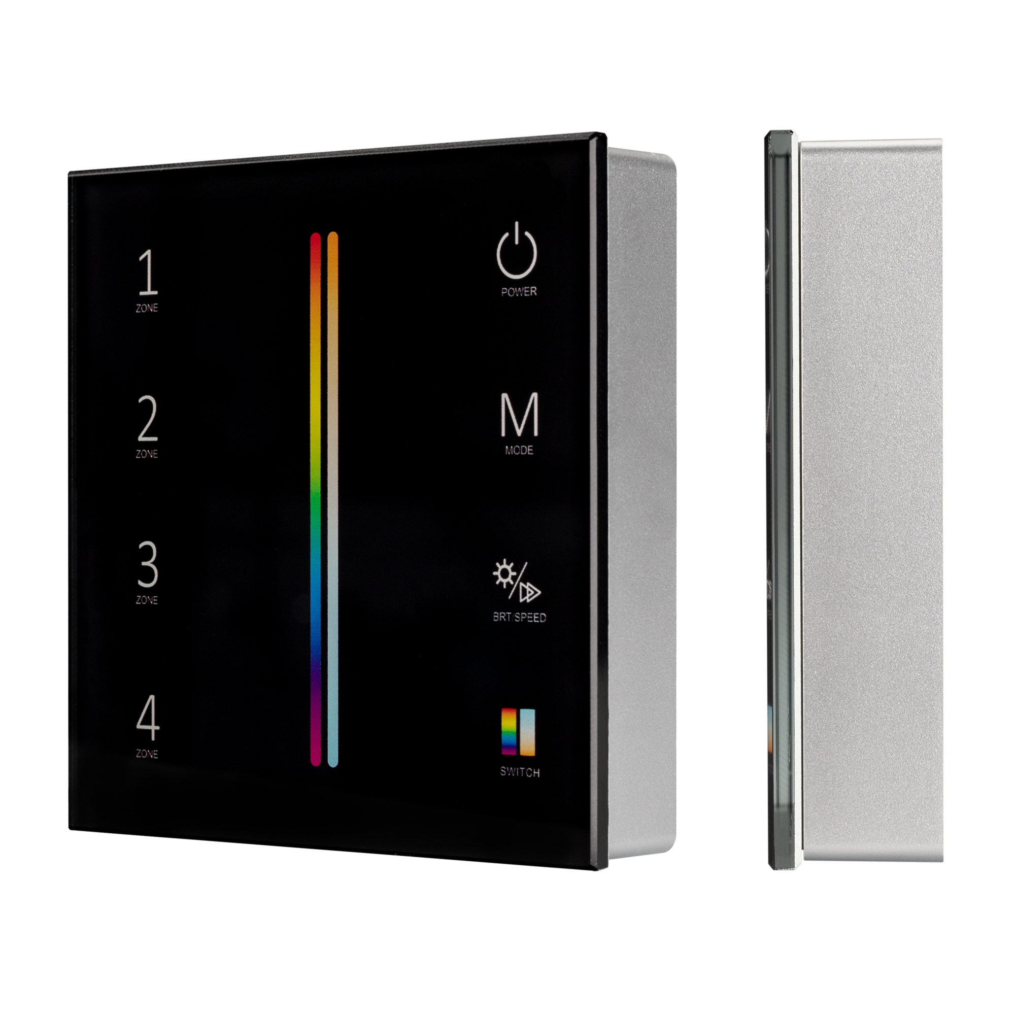 Панель Sens SMART-P55-MULTI Black (3V, 4 зоны, 2.4G) 028310 - Накладная сенсорная панель 2.4 ГГц, цвет чёрный. Материал - стекло. Для управления RGB+MIX (5-канальными) источниками света (ШИМ), 4 зоны управления. Питание/рабочее напряжение 3VDC от 2xAAA. Г