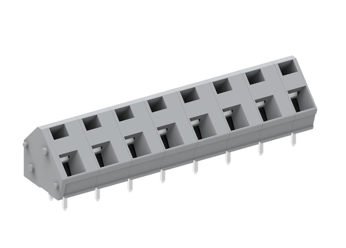 Розеточный разъем на плату 256801-GB - Клемма, подвод кабеля 45 град., на плату, шаг: 7.5 мм, 1 полюс, фиксация провода пружинная, исполнение: два вывода на контакт, 320V, 24A, цвет: серый