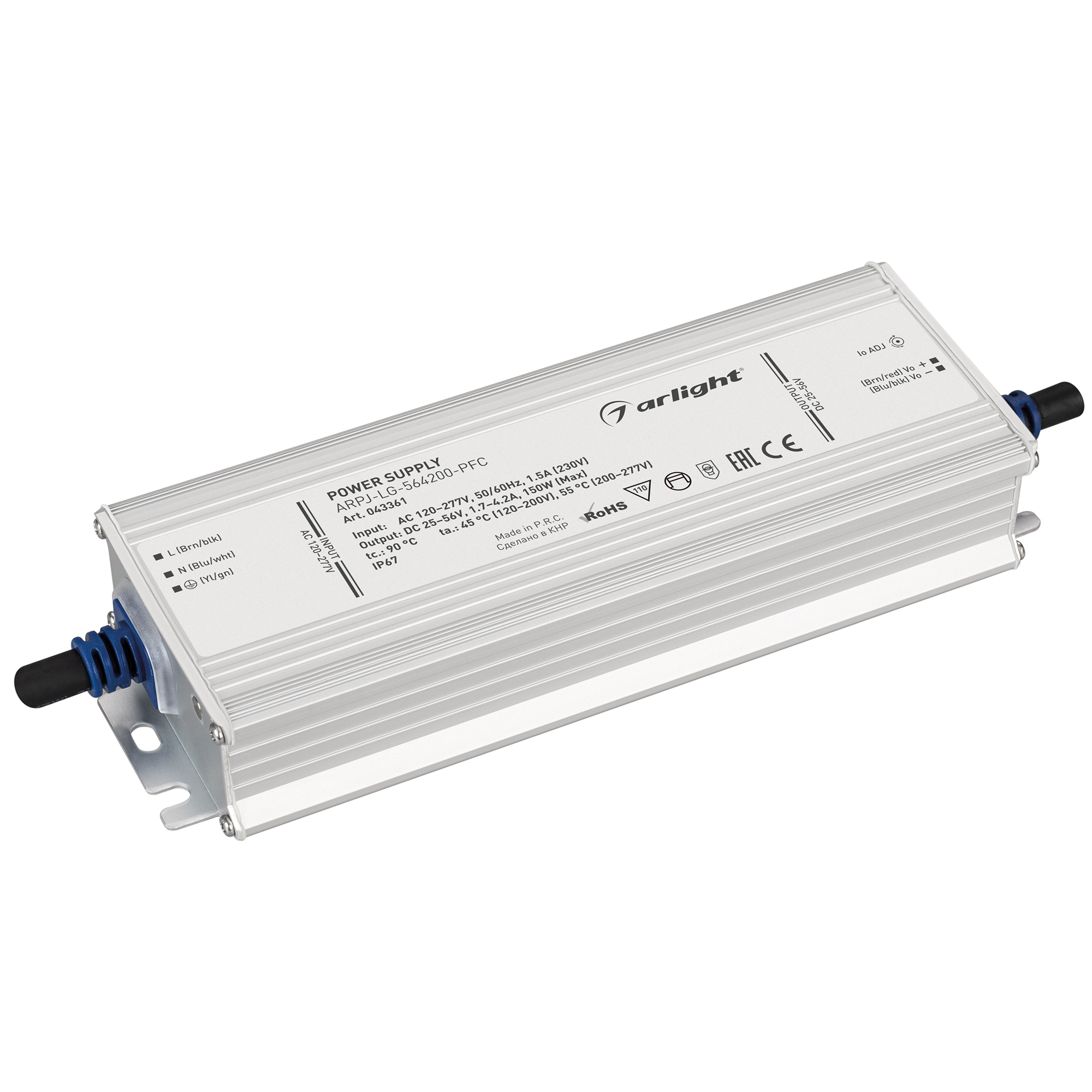 Блок питания ARPJ-LG-564200-PFC (150W, 25-56V, 1.7-4.2A) 043361 - Источник тока с гальванической развязкой для светильников и мощных светодиодов. Входное напряжение 120-277 VAC. Выходные параметры: 25-56 В, 1700-4200mА (регулировка встроенным потенциометр