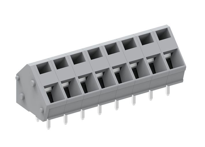 Розеточный разъем на плату 256717 - Клемма, подвод кабеля 45 град., на плату, шаг: 5.0 мм, 17 полюсов, фиксация провода пружинная, исполнение: два вывода на контакт, 320V, 24A, цвет: серый