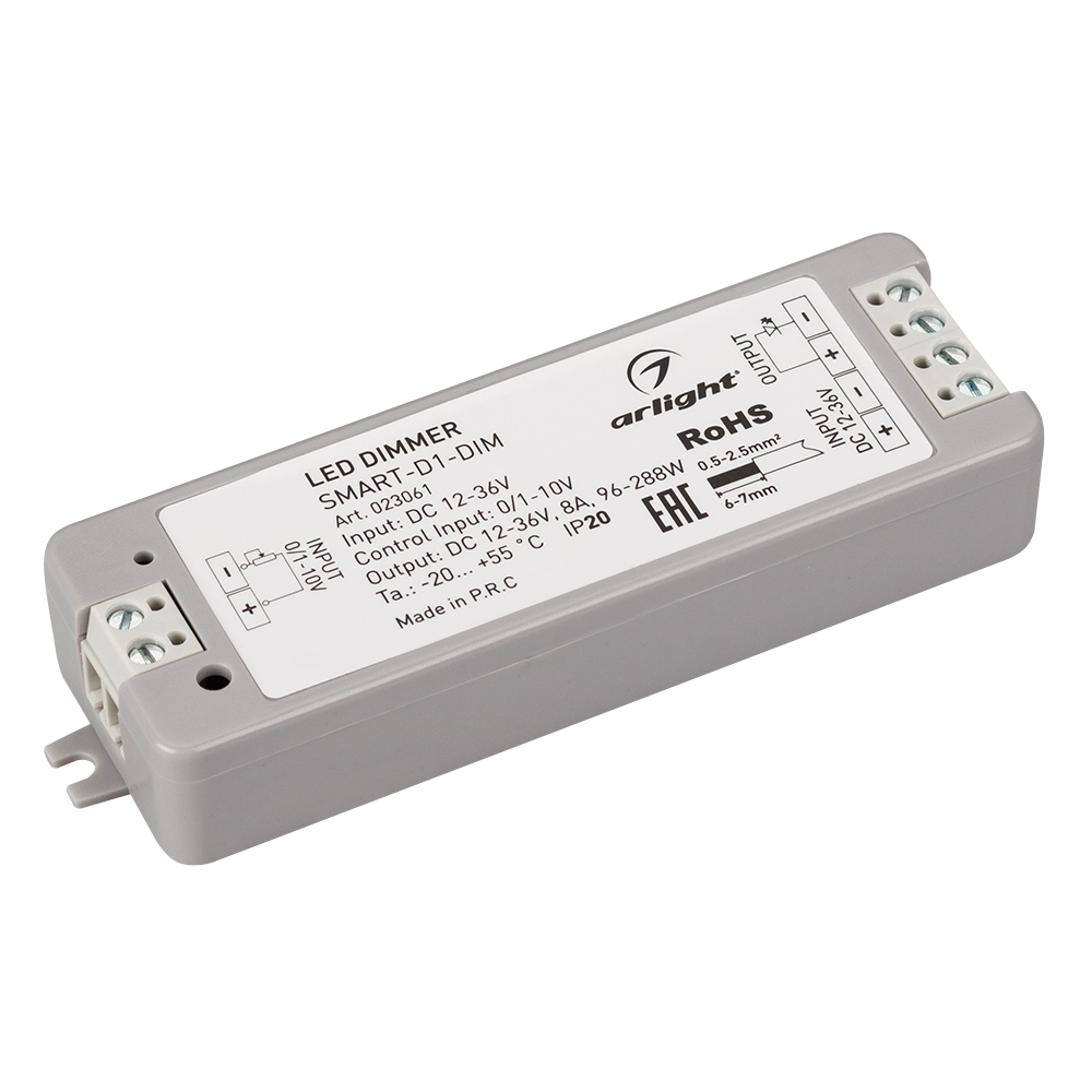 Диммер SMART-D1-DIM (12-36V, 0/1-10V) 023061 - Диммер для одноцветных источников света (0/1-10V). Питание/рабочее напряжение 12-36VDC, входной/выходной ток 8А, выходная мощность 96-288W. Корпус - PVC. Габариты 97х33х18 мм.