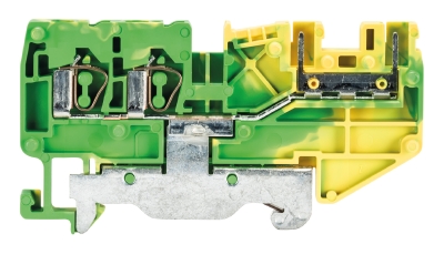 Клемма WKF 2.5 D2/8113 SL/35 - Заземляющая клемма, для подключения разъема 8113, тип фиксации провода: пружинный, номинальное сечение: 2,5 мм кв., 250V, ширина: 5 мм, цвет: желто-зеленый, тип монтажа: DIN 35