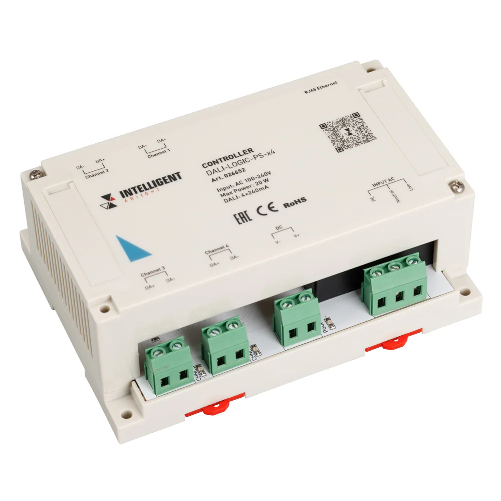 INTELLIGENT ARLIGHT Контроллер DALI-LOGIC-PS-x4 (230B, Ethernet) 026652 - Контроллер DALI для управления и настройки 4-х линий DALI по 64 адреса в каждой. Питание шины 250мА в каждой линии. Мощное программное обеспечение позволяет обеспечить прохождение с