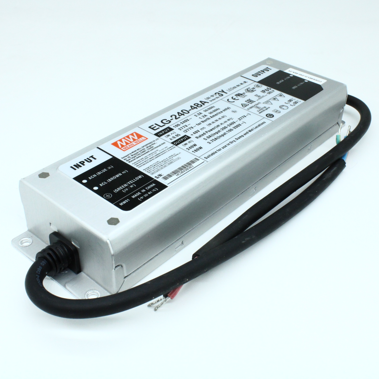 ELG-240-48A-3Y - AC-DC, 240Вт, IP65, вход 100…305В AC, 47…63Гц/142…431В DC, ККМ, выход 24...48В/5А, изоляция 3750В AC, в кожухе 244х71х37.5мм, -40…+85°С (корпус), потенциометры, провод заземления