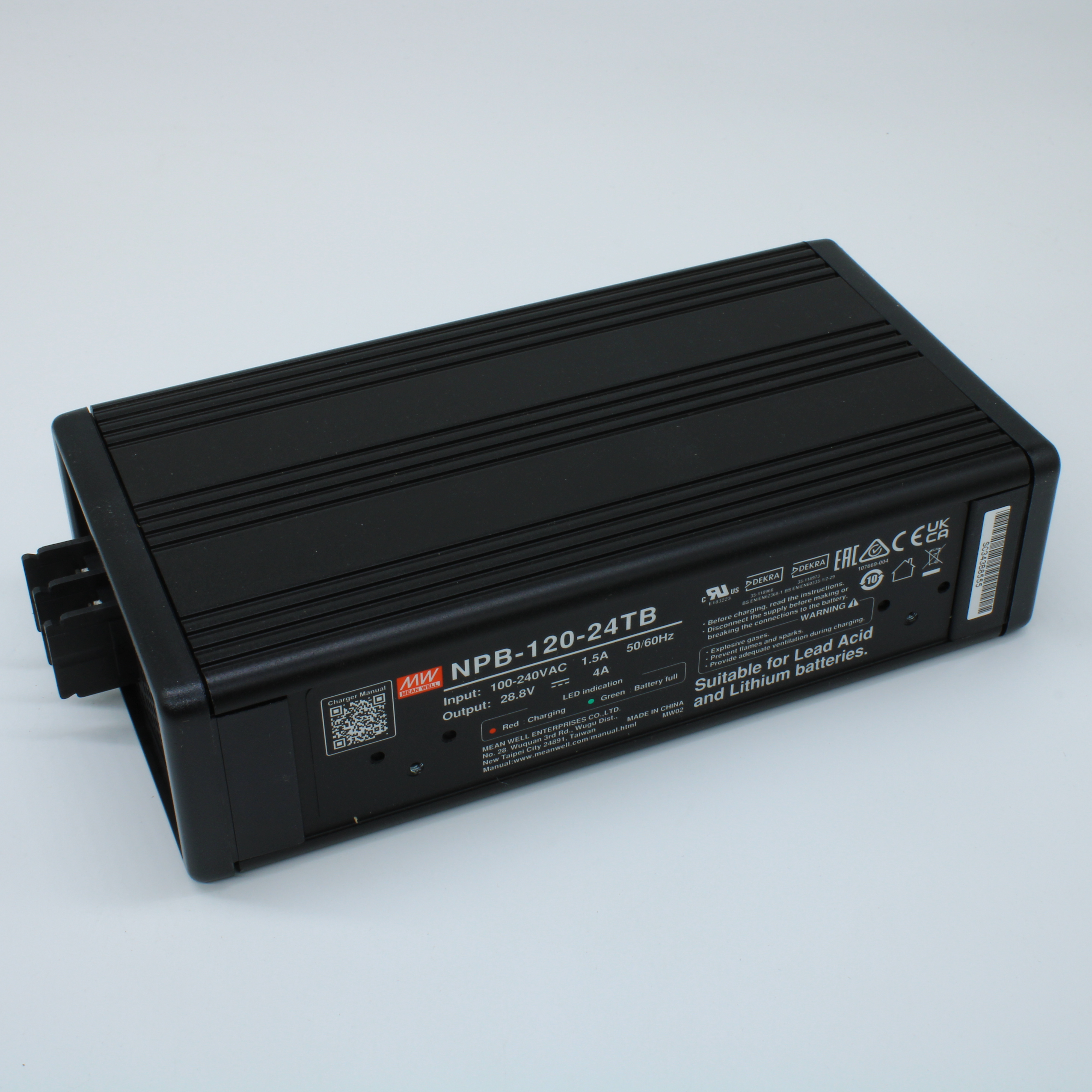 NPB-120-24TB - AC/DC зарядное устройство, 121.6 Вт, 28.8 (рег.21…30.4) В/4 (рег.2…4) А, вход 90…264VA C, 47…63Гц /127…370В DC, изоляция 3000В AC, PFC, для свинцовых (обслуживаемых, гелевых, AGM) и Li-ion (Fe, Mn), 182.7*96*49мм, -30…+70°С
