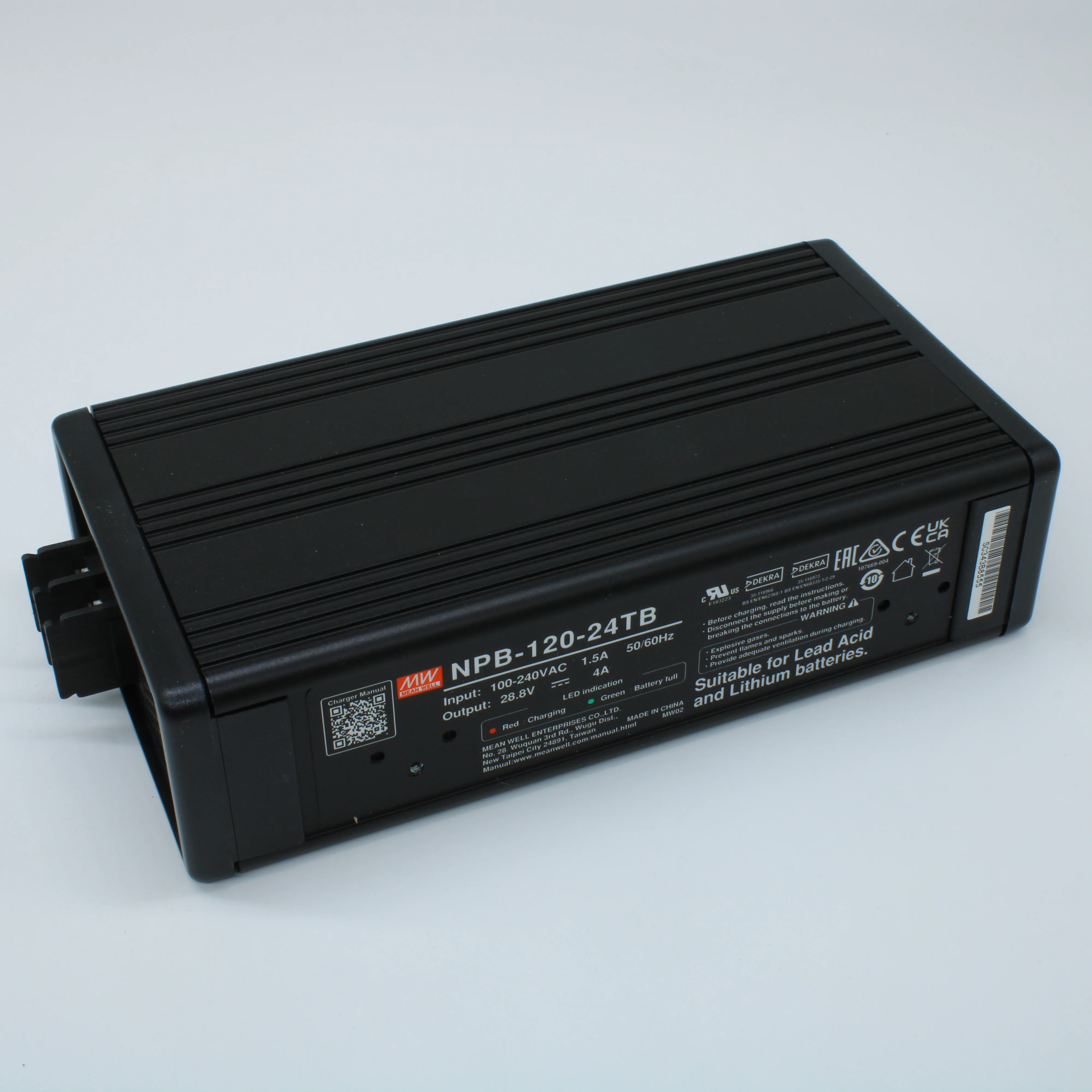NPB-120-24TB - AC/DC зарядное устройство, 121.6 Вт, 28.8 (рег.21…30.4) В/4 (рег.2…4) А, вход 90…264VA C, 47…63Гц /127…370В DC, изоляция 3000В AC, PFC, для свинцовых (обслуживаемых, гелевых, AGM) и Li-ion (Fe, Mn), 182.7*96*49мм, -30…+70°С