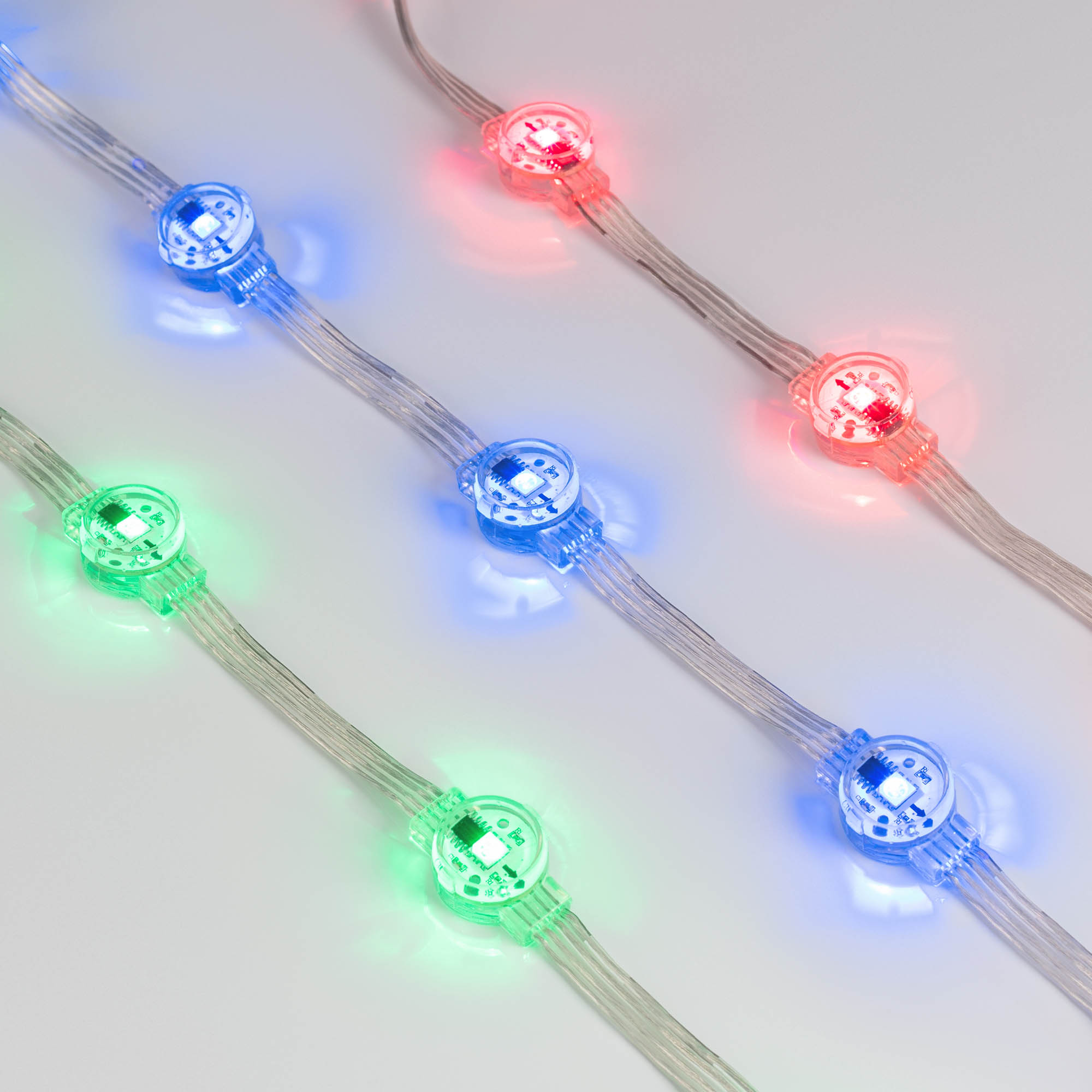 Модуль управляемый DMX-B1-D20 12V RGB (0.3W, IP68, 120 deg) 036777 - Управляемый светодиодный модуль DMX, RGB, микросхема GS8512, напряжение 12 В, мощность 0.3 Вт, 1 светодиод SMD 5060, угол 120°. Создание медиафасадов, 20 шт на проводе, расстояние между 