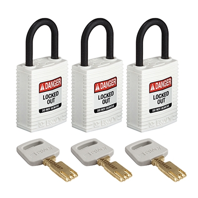 gws150197 - Замки SafeKey нейлоновые компактные, нейлоновая дужка, высота дужки – 25 мм, диаметр дужки – 4.3 мм, нейлоновый корпус, размеры корпуса – 43х32х19 мм, система "Одинаковые ключи", цвет – белый, 3 шт/упак