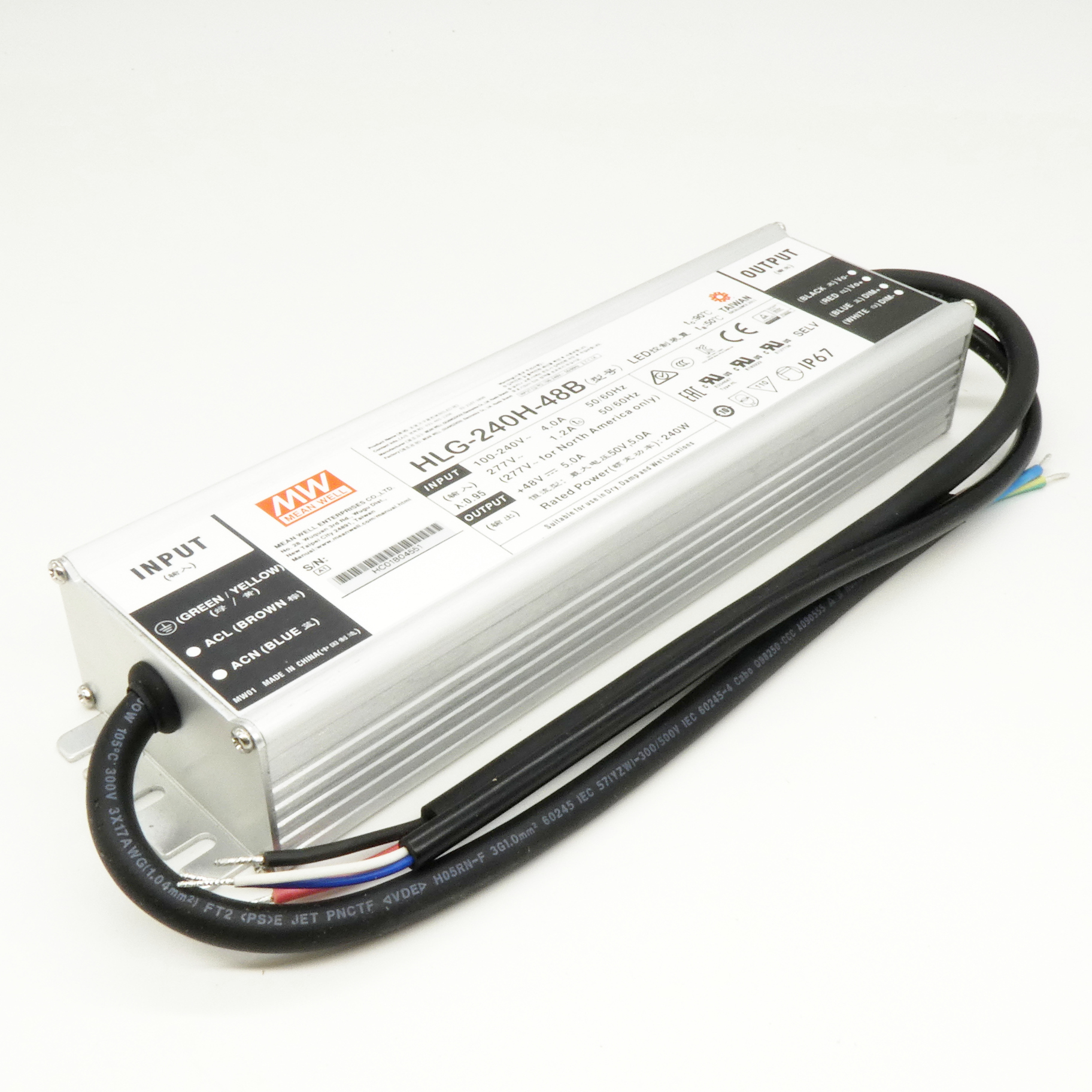 HLG-240H-48B - AC-DC, 240Вт, IP67, вход 90…305В AC, 47…63Гц/127…431В DC, ККМ, выход 48В/5А, димминг 3-в-1, изоляция 3750В AC, в кожухе 244х68х39мм, -40…+70°С