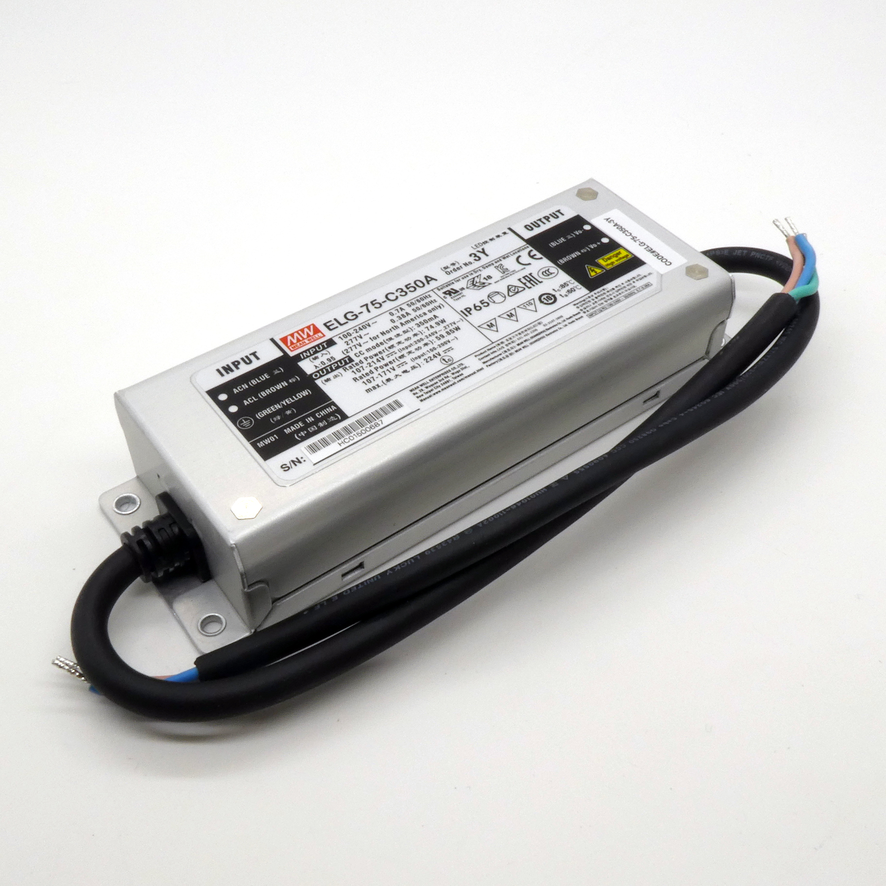 ELG-75-C350A-3Y - AC-DC, 74.9Вт, IP65, вход 100…305В AC, 47…63Гц/142…431В DC, ККМ, выход 107…214В/350мА, изоляция 3750В AC, в кожухе 180х63х35.5, -40…+85°С (корпус), рег. выхода, с проводом заземления